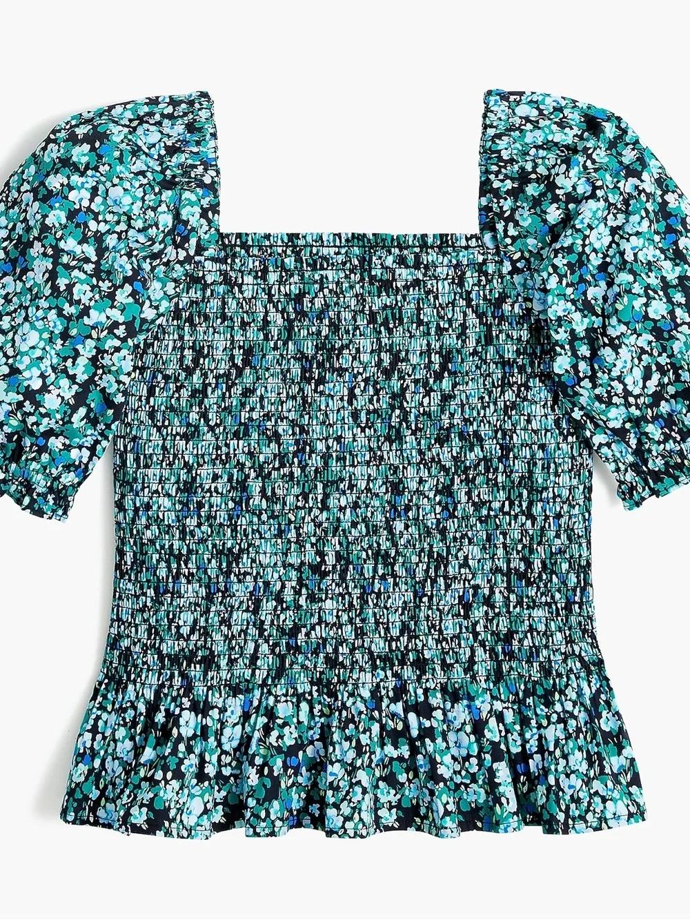 J. Crew Teal and Black Smocked Square-Neck Puff Sleeve Blouse